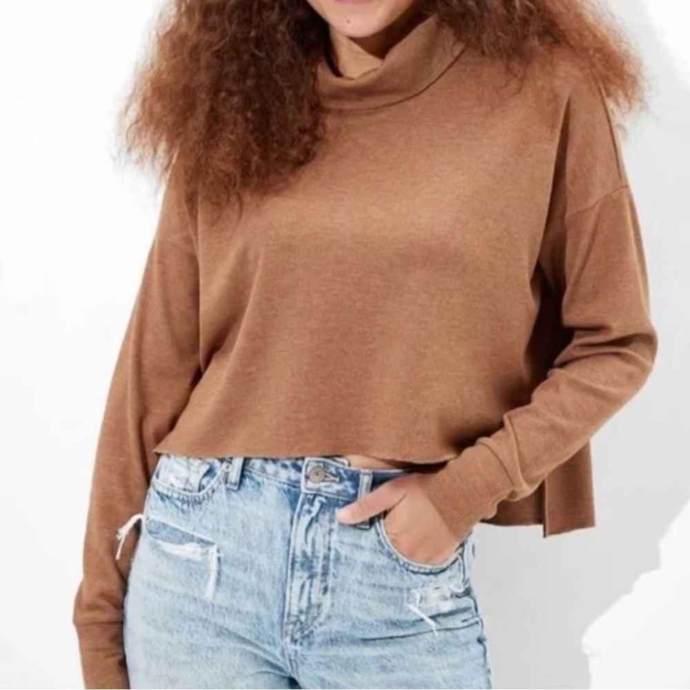 American Eagle Brown Long Sleeve Waffle Knit Soft Cozy Cropped Turtleneck Sze XS